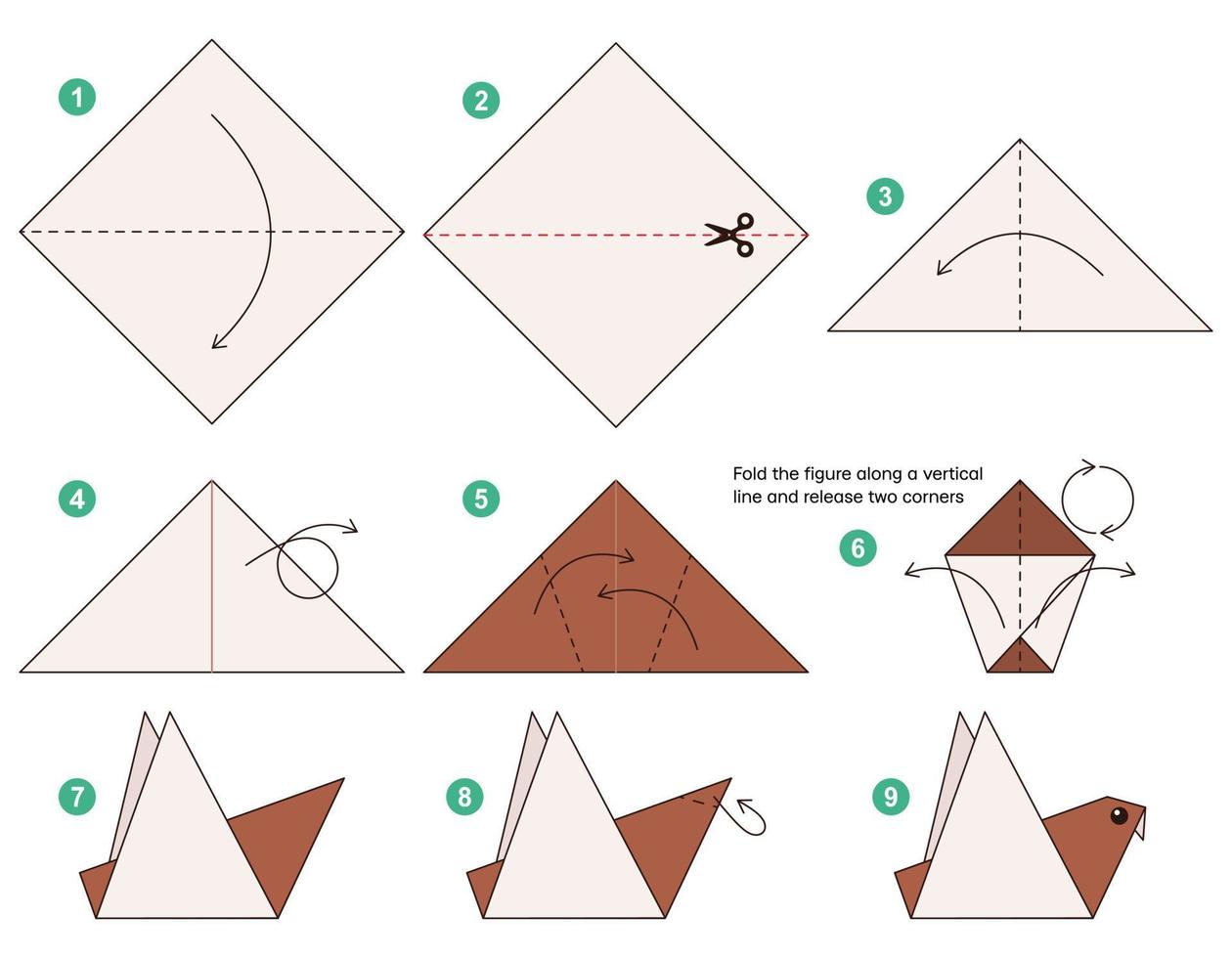 Sparrow origami scheme tutorial moving model. Origami for kids. Step by step how to make a cute origami sparrow. Vector illustration.