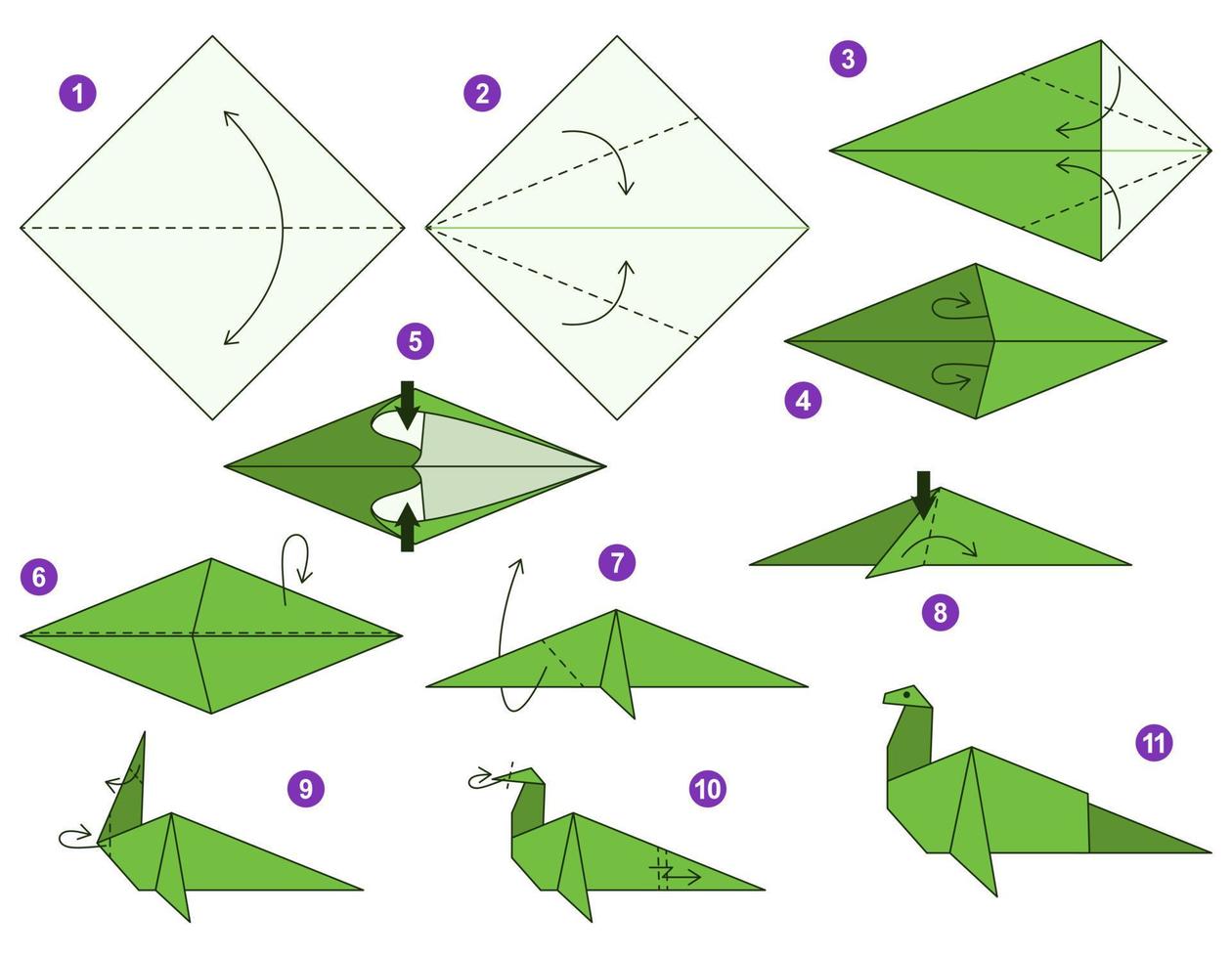 tutorial de esquema de origami de dinosaurio modelo en movimiento. papiroflexia para niños. paso a paso como hacer un lindo dinosaurio de origami. ilustración vectorial vector