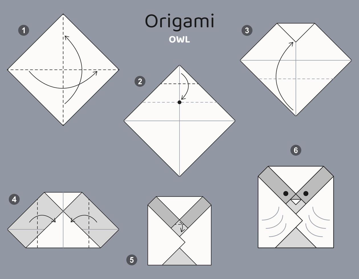 Tutorial Owl origami scheme. isolated origami elements on grey backdrop. Origami for kids. Step by step how to make origami owl. Vector illustration.