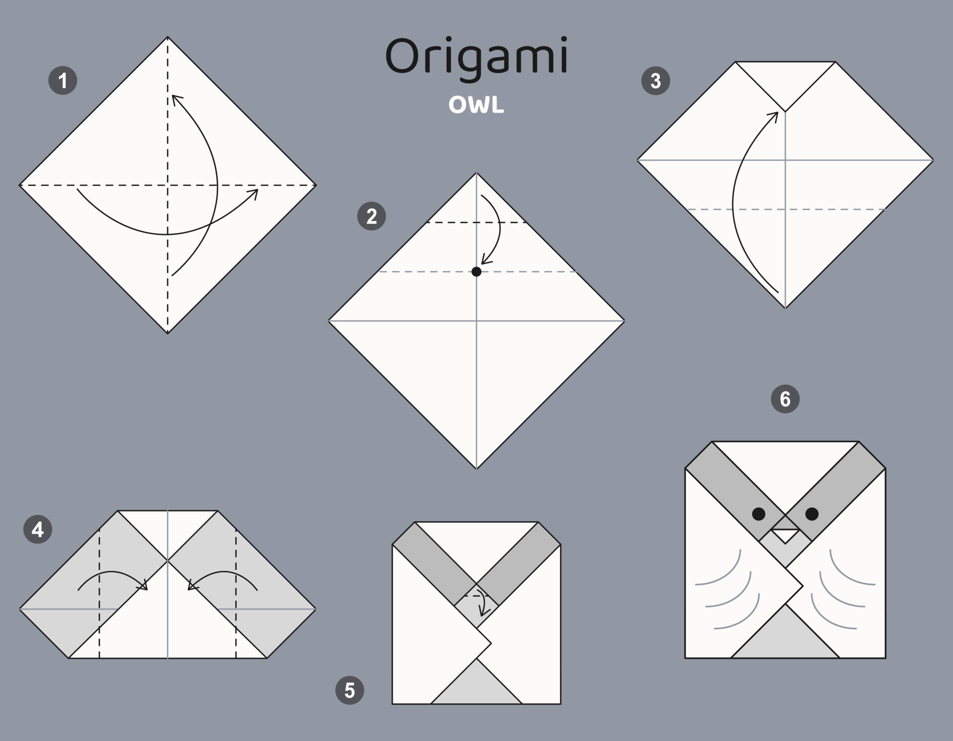 Tutorial Owl origami scheme. isolated origami elements on grey backdrop. Origami for kids. Step
