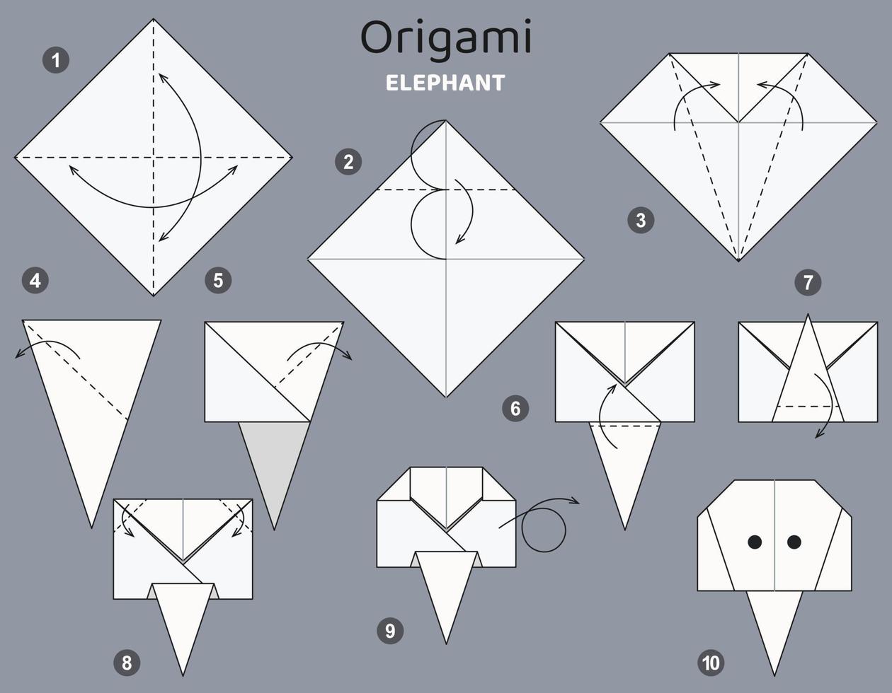 esquema de origami de elefante tutorial. elementos de origami aislados sobre fondo gris. papiroflexia para niños. paso a paso como hacer un elefante de origami. ilustración vectorial vector