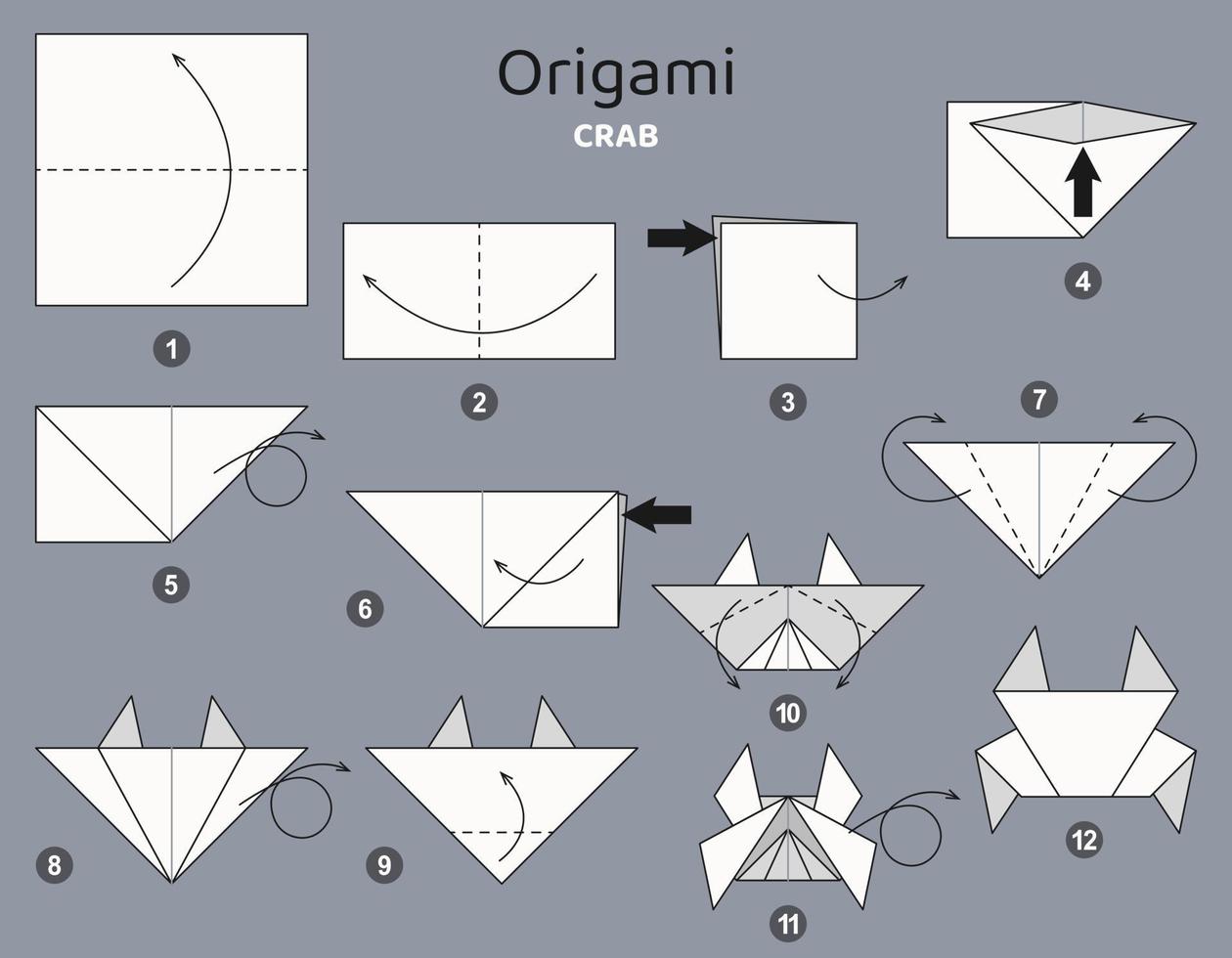 Tutorial Crab origami scheme. isolated origami elements on grey backdrop. Origami for kids. Step by step how to make origami crab. Vector illustration.