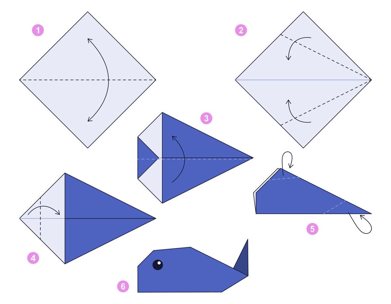 Modelo en movimiento del tutorial del esquema de origami de ballenas. papiroflexia para niños. paso a paso cómo hacer una linda ballena de origami. ilustración vectorial vector