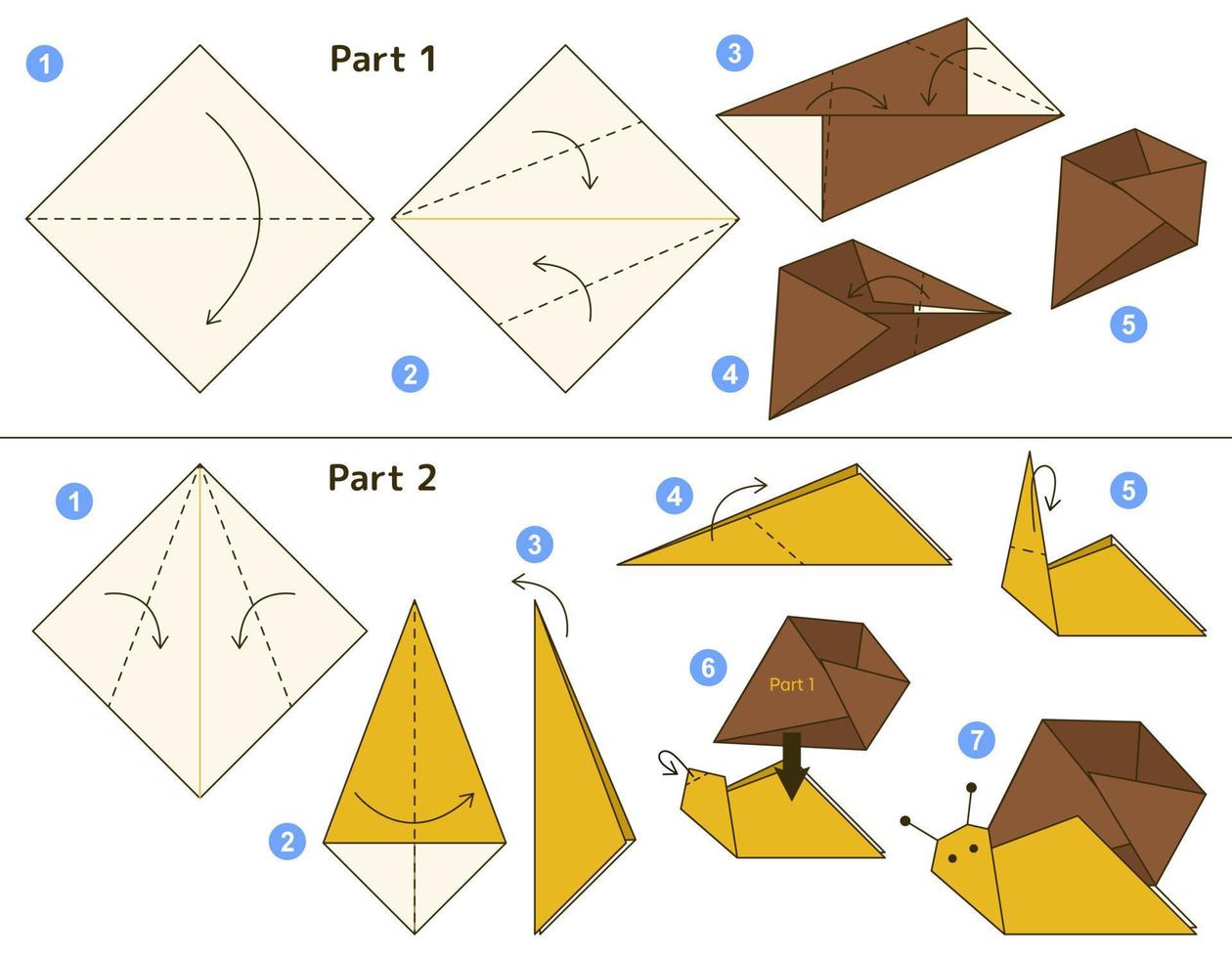 Snail origami scheme tutorial moving model. Origami for kids. Step by step how to make a cute origami snail. Vector illustration.