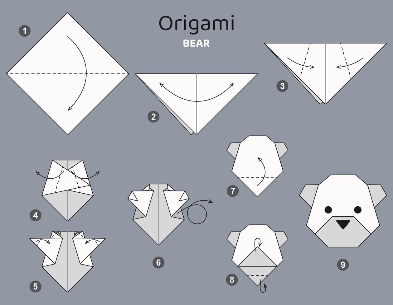 esquema de origami de oso tutorial. elementos de origami aislados sobre