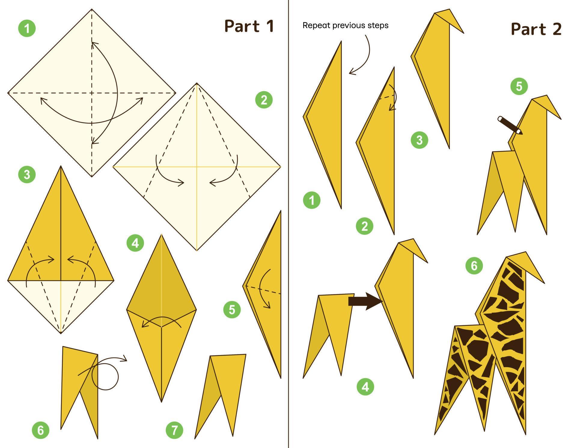 Giraffe origami scheme tutorial moving model. Origami for kids. Step by