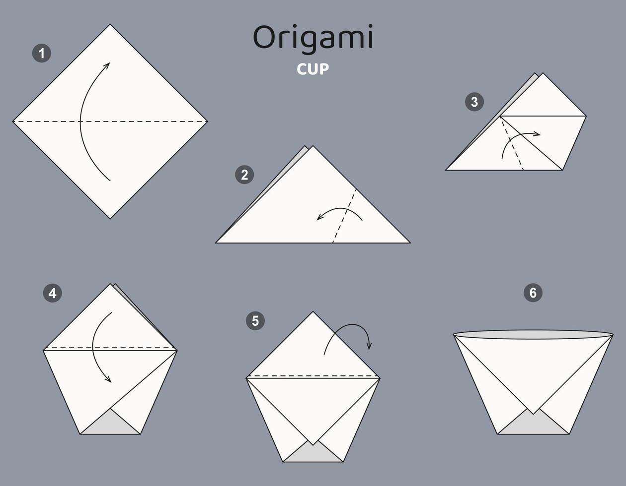 Tutorial Cup origami scheme. isolated origami elements on grey backdrop. Origami for kids. Step
