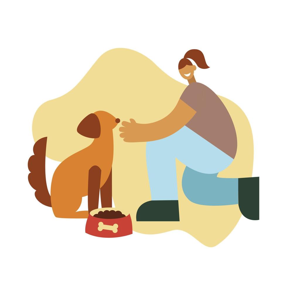 Volunteer feeding the dog. Helper groups, social organization worker. vector