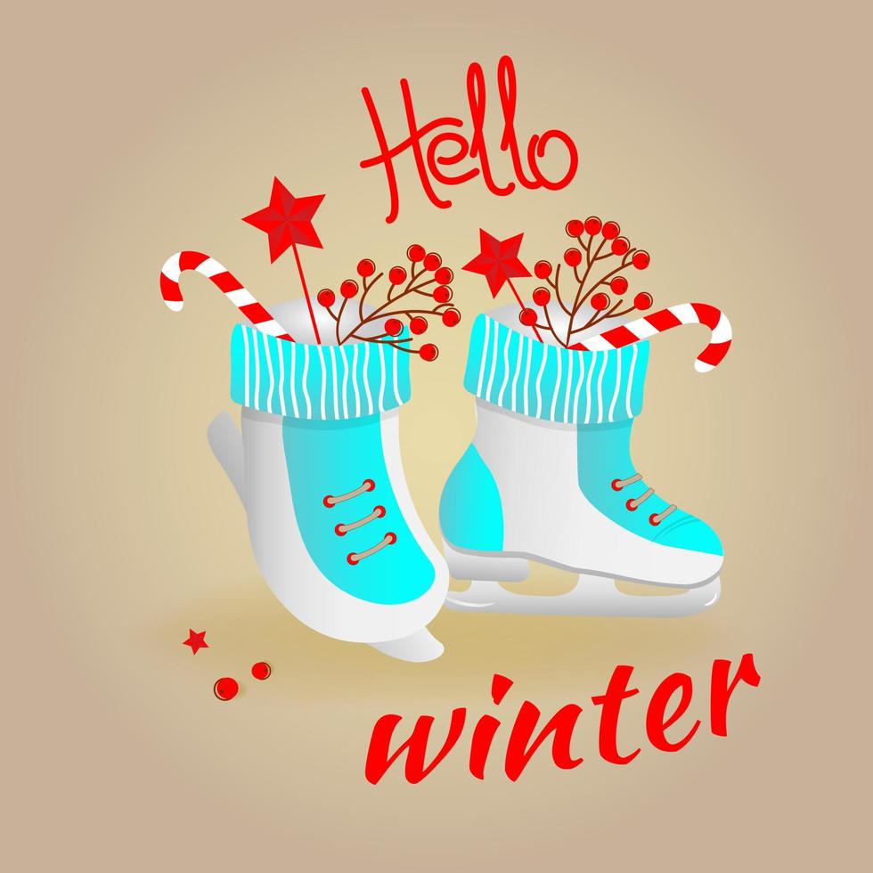 Hello winter. Winter postcard with skates, caramel cane, stars on white background. vector