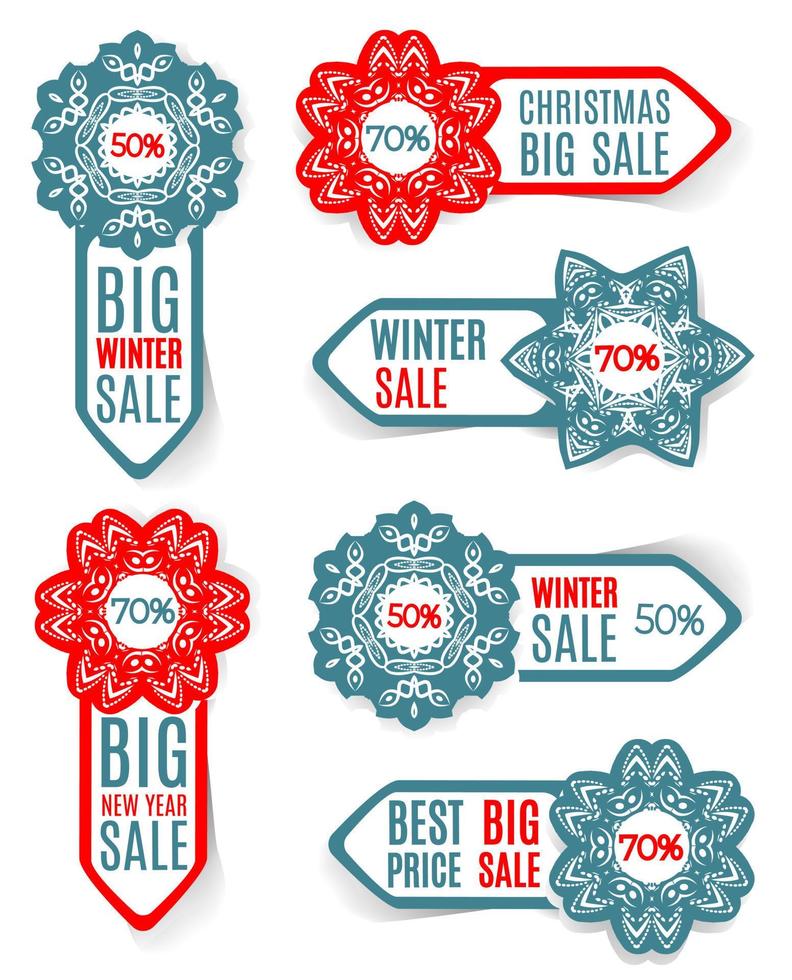 Set winter label , tegs sale with blue and red snowflakes. vector