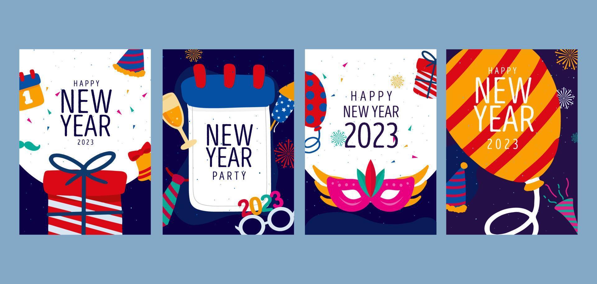 Happy New Year greeting cards templates 2023. Vector illustrations for posters, banners, backgrounds or greeting cards