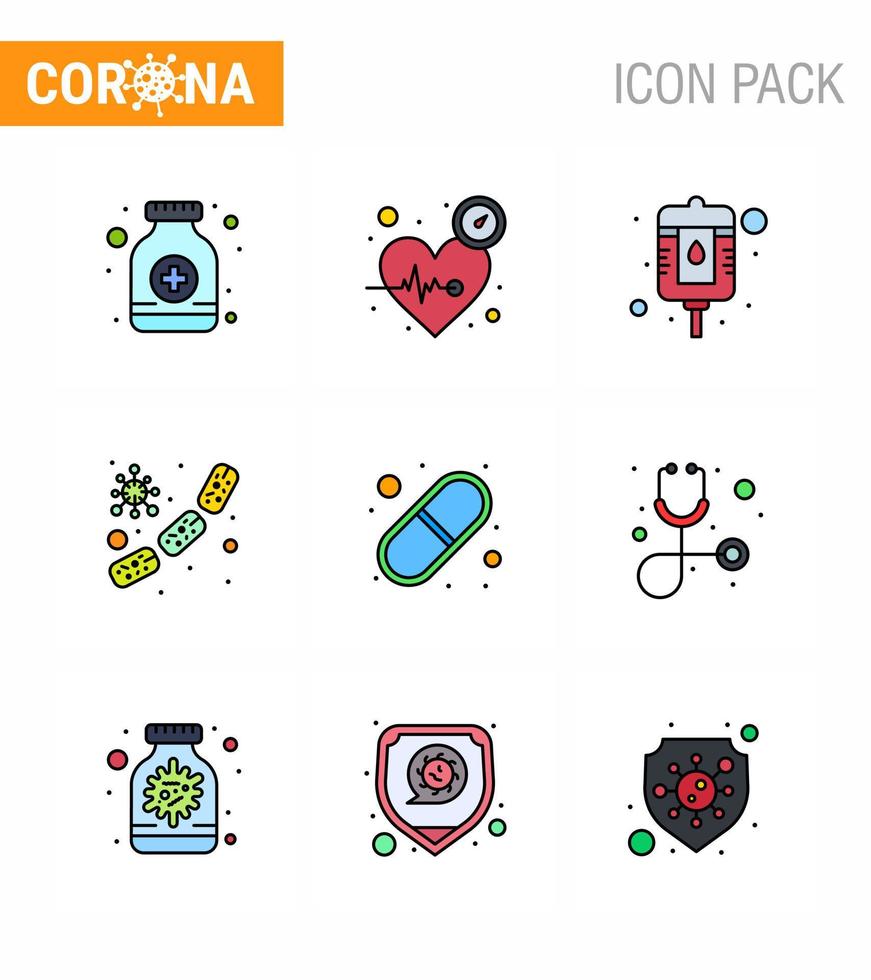 iconos de conciencia de coronavirus 9 línea rellena icono de color plano virus de la corona relacionado con la gripe, como el cuidado del virus de la cápsula microbio bacteria coronavirus viral 2019nov enfermedad vector elementos de diseño