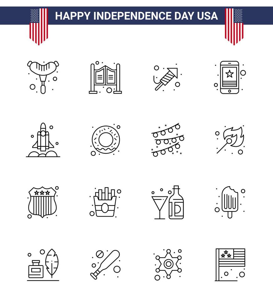 conjunto de 16 líneas modernas paquete en el día de la independencia de estados unidos cohete teléfono religión estrella móvil elementos de diseño vectorial editables del día de estados unidos vector