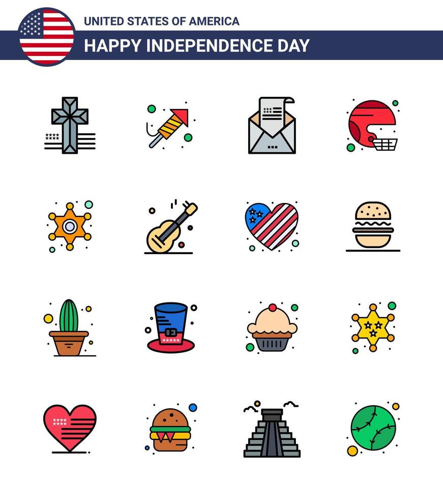 Pack of 16 USA Independence Day Celebration Flat Filled Lines Signs and 4th July Symbols such as united sport envelope helmet american Editable USA Day Vector Design Elements