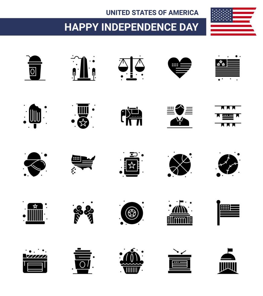 Set of 25 Vector Solid Glyph on 4th July USA Independence Day such as country american washington love scale Editable USA Day Vector Design Elements