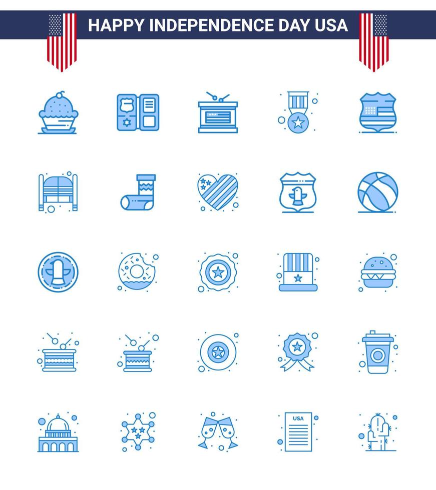 Pack of 25 creative USA Independence Day related Blues of shield medal star badge independence day Editable USA Day Vector Design Elements