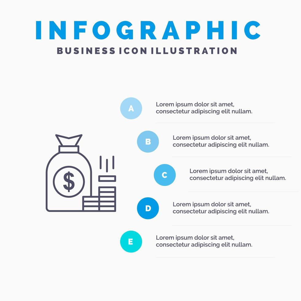 icono de línea de riqueza de ahorro de oro de finanzas de banco de bolsa de dinero con fondo de infografía de presentación de 5 pasos vector