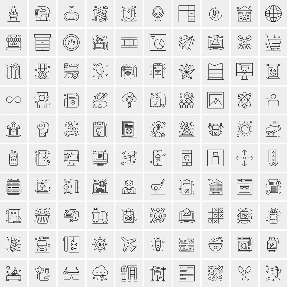 100 Universal Black Line Icons on White Background vector