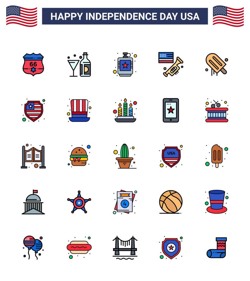 Set of 25 Modern Flat Filled Lines pack on USA Independence Day american speaker glass flag hip Editable USA Day Vector Design Elements