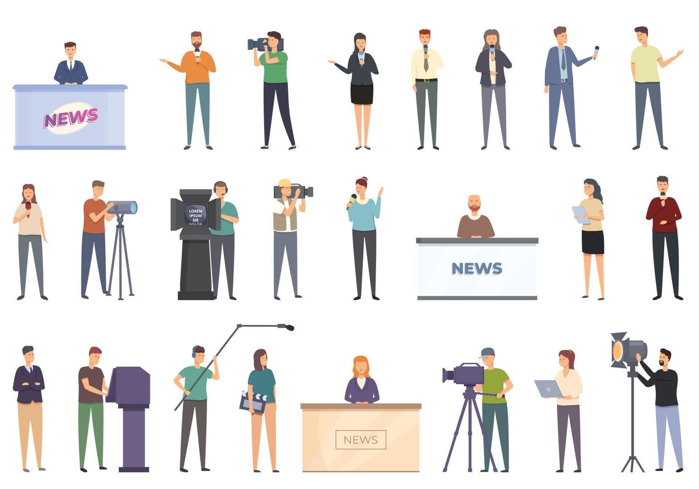 News production team icons set cartoon vector. Studio tv vector