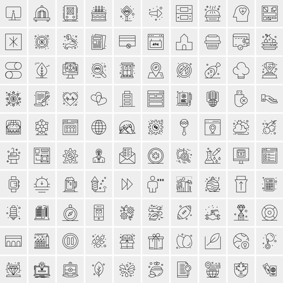 100 Universal Black Line Icons on White Background vector