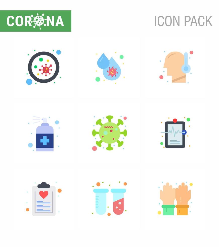 Covid19 icon set for infographic 9 Flat Color pack such as handcare bottle fever spray fever viral coronavirus 2019nov disease Vector Design Elements