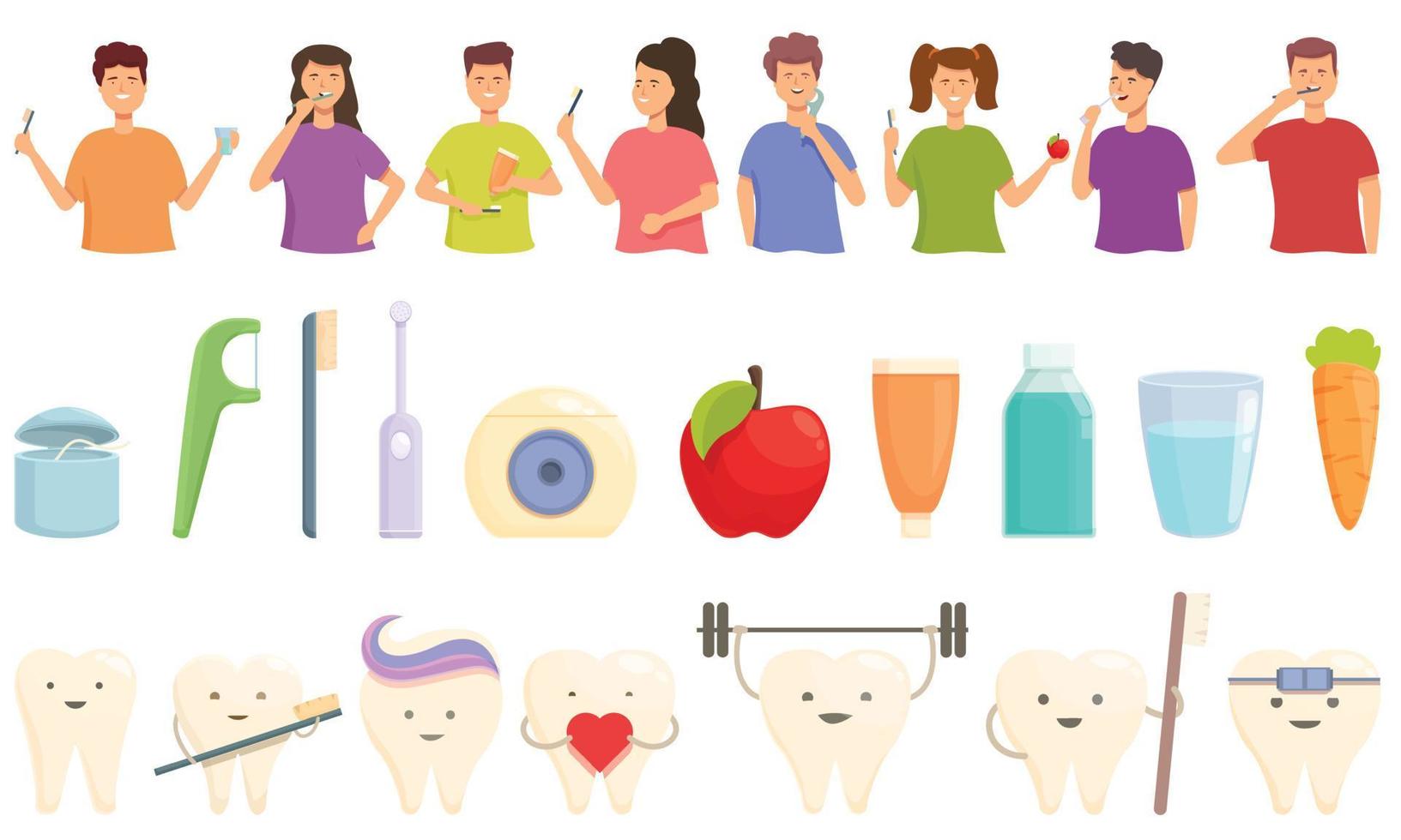 iconos de odontología pediátrica establecer vector de dibujos animados. implante de dientes