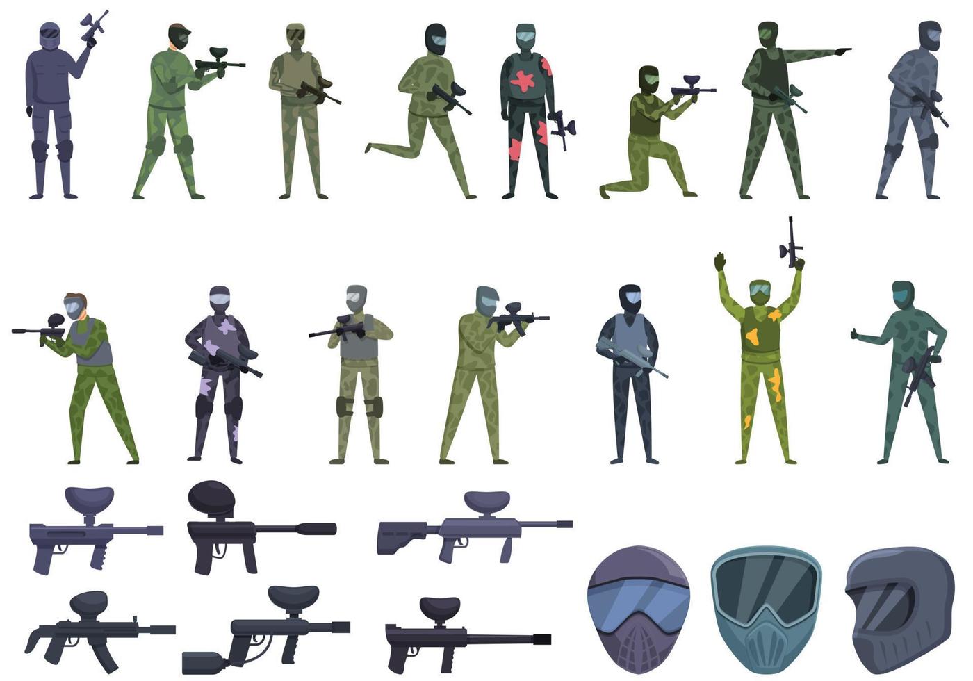 iconos de paintball establecer vector de dibujos animados. jugador de acción