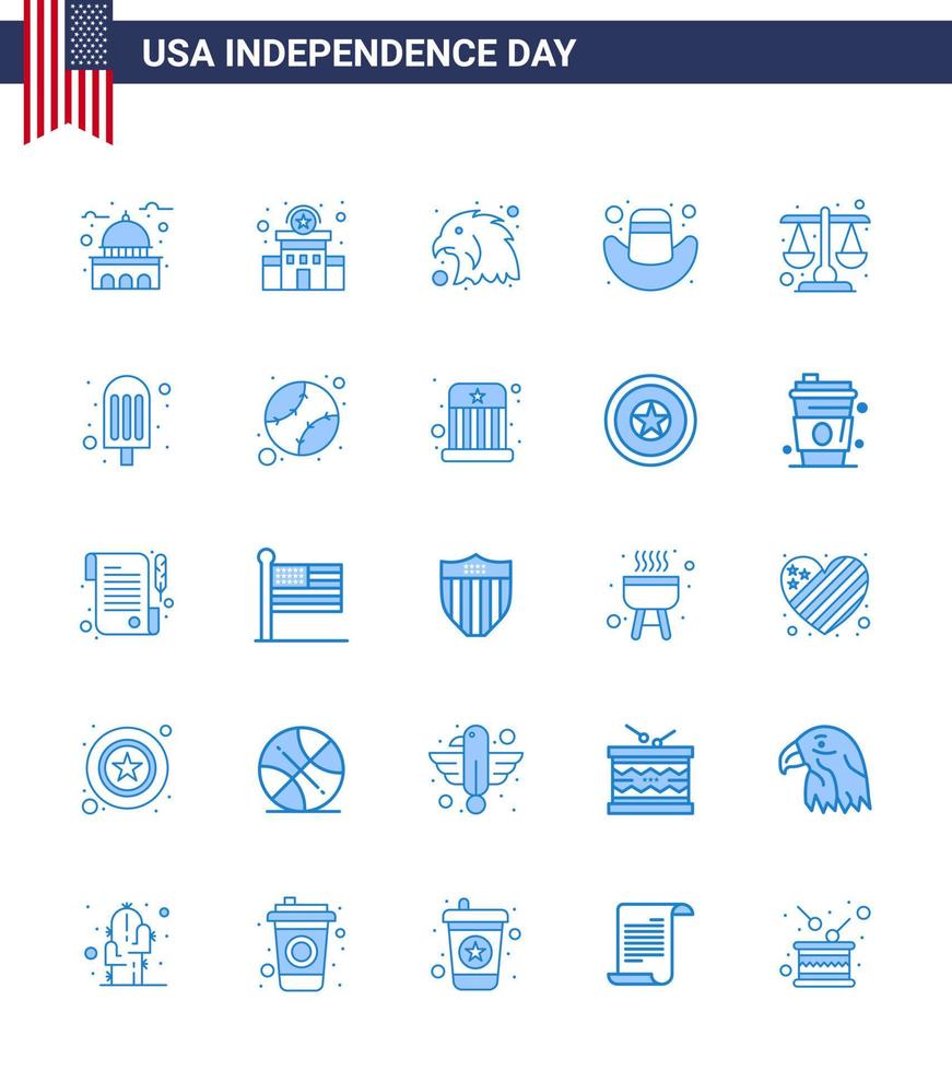 paquete de 25 signos de blues de celebración del día de la independencia de EE. UU. Y símbolos del 4 de julio, como el signo de policía de la corte de justicia, sombrero, elementos de diseño de vector de día de EE. UU. editables estadounidenses