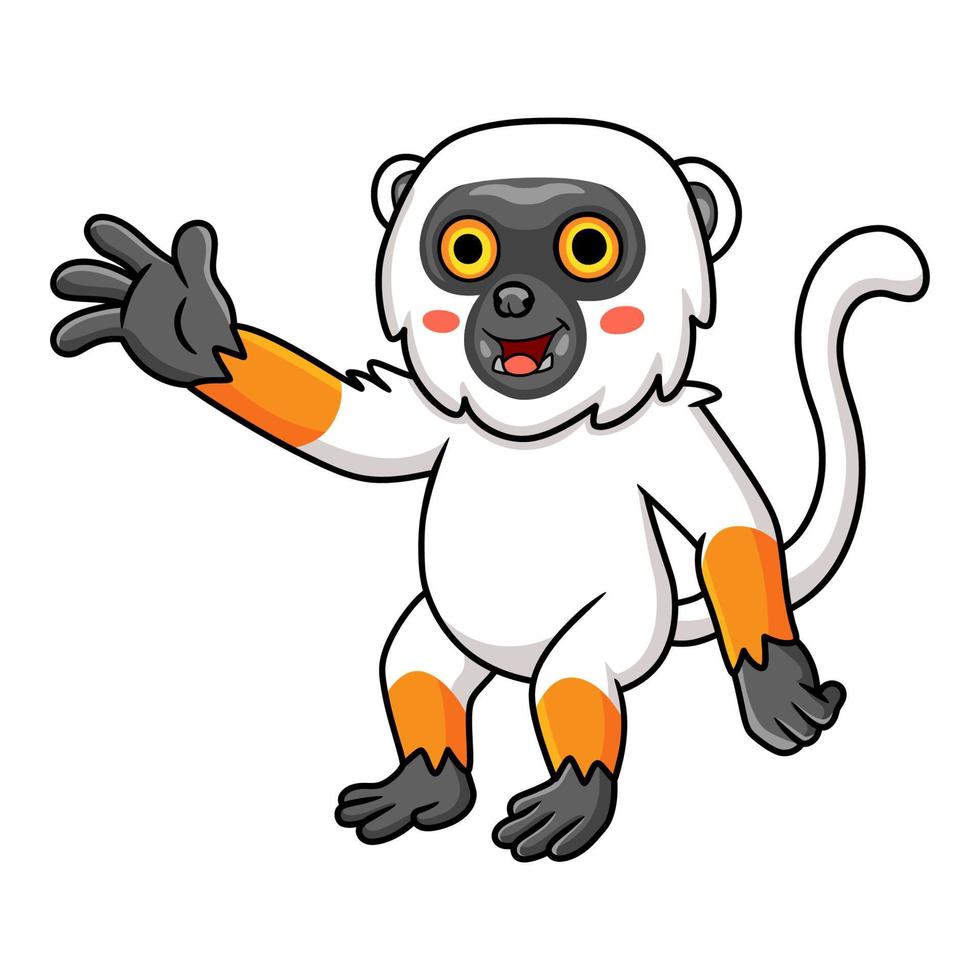 lindo sifaka lemur mono dibujos animados agitando la mano vector