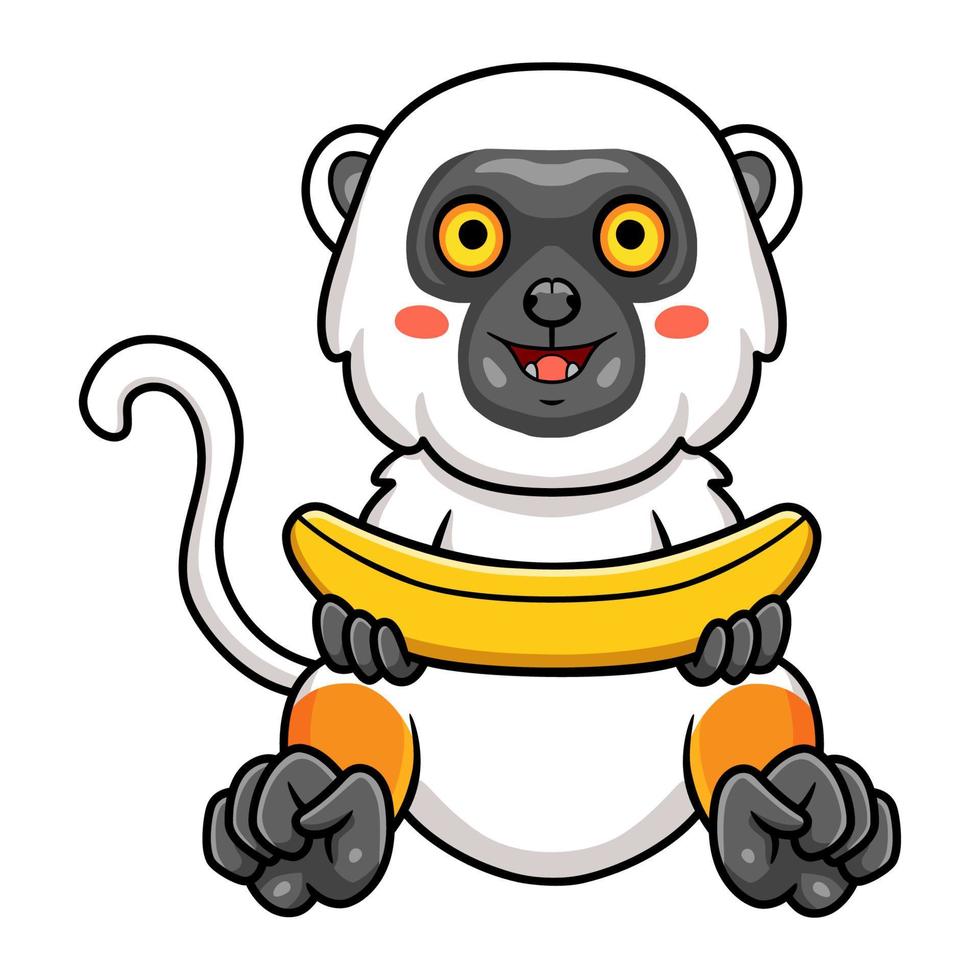 linda caricatura de mono lémur sifaka sosteniendo un plátano vector
