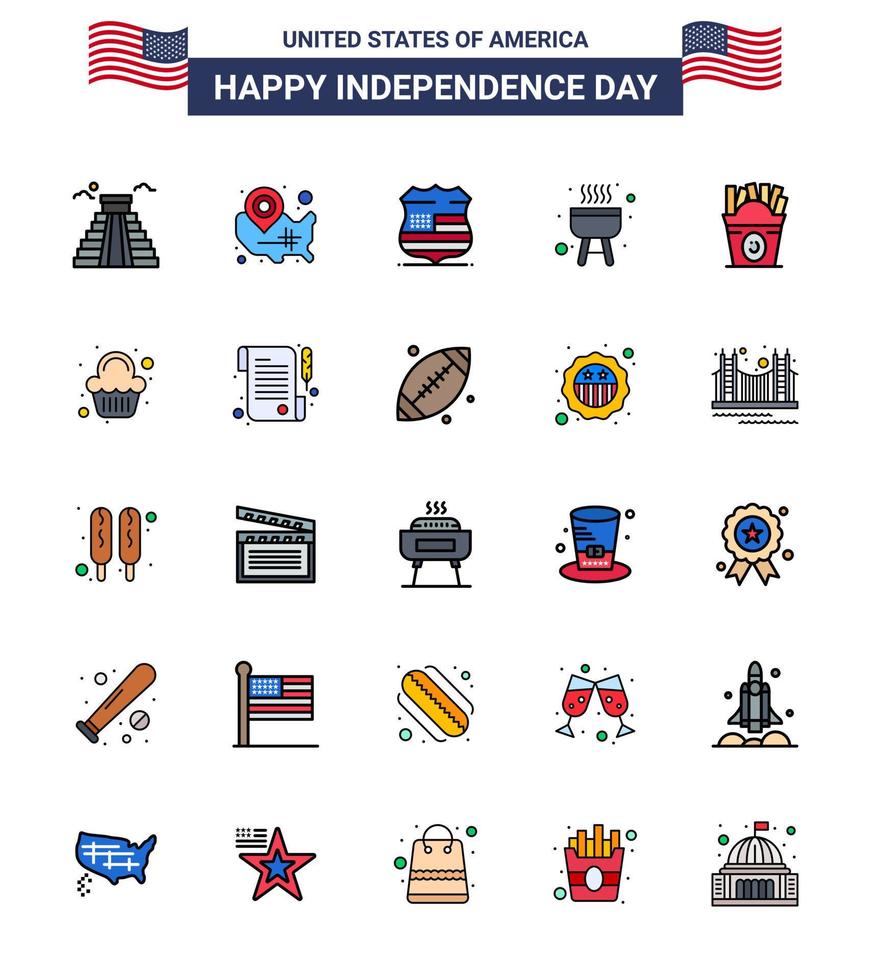 Group of 25 Flat Filled Lines Set for Independence day of United States of America such as fastfood cook location pin bbq security Editable USA Day Vector Design Elements