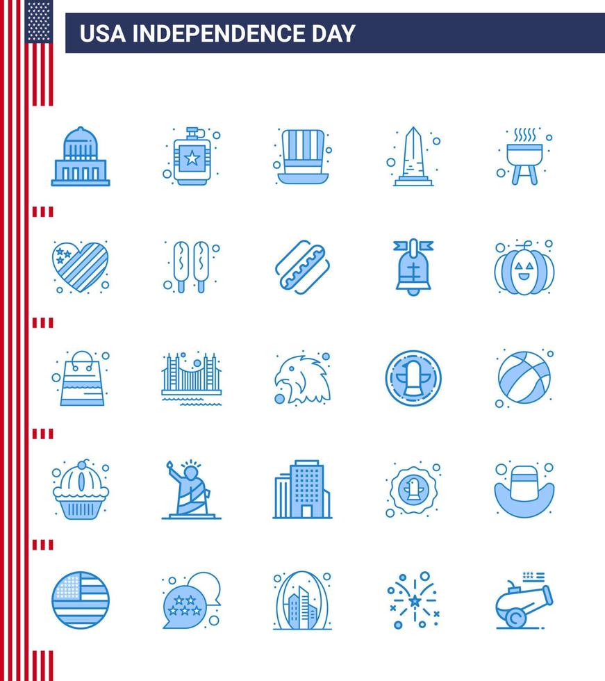 Happy Independence Day Pack of 25 Blues Signs and Symbols for washington sight liquid monument usa Editable USA Day Vector Design Elements