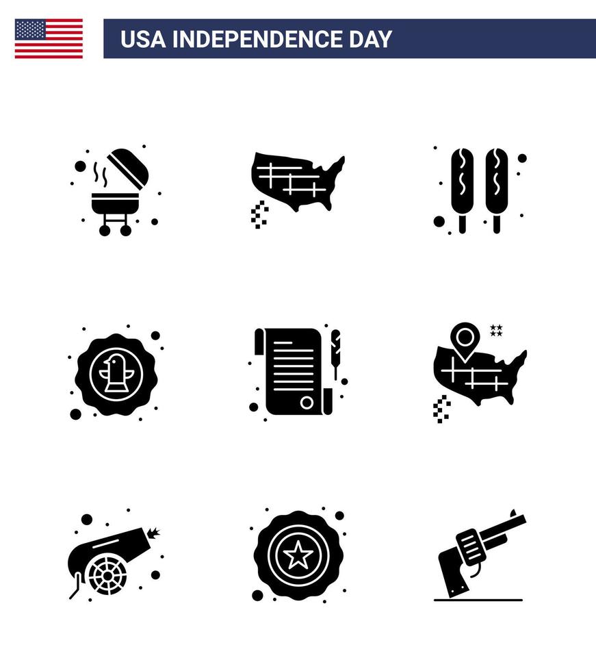 conjunto de 9 paquetes de glifos sólidos modernos en el día de la independencia de EE. UU. Celebración de la insignia de perro caliente de papel elementos de diseño vectorial del día de EE. UU. editables vector