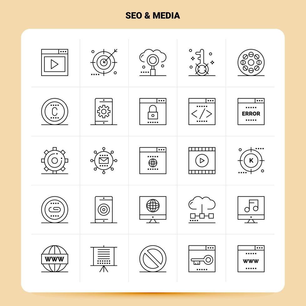OutLine 25 Seo Media Icon set Vector Line Style Design Black Icons Set Linear pictogram pack Web and Mobile Business ideas design Vector Illustration