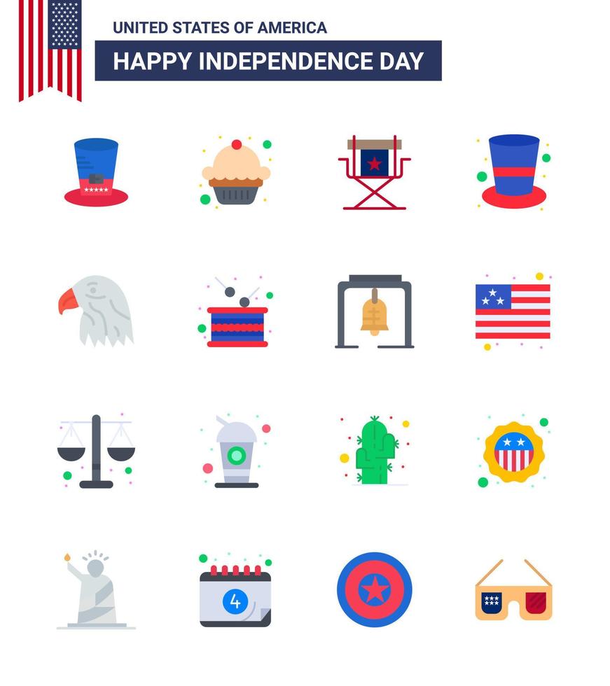 grupo de 16 pisos establecidos para el día de la independencia de los estados unidos de américa, como sombrero de director de sombrero mágico de pájaro, elementos de diseño de vector de día de estados unidos editables americanos