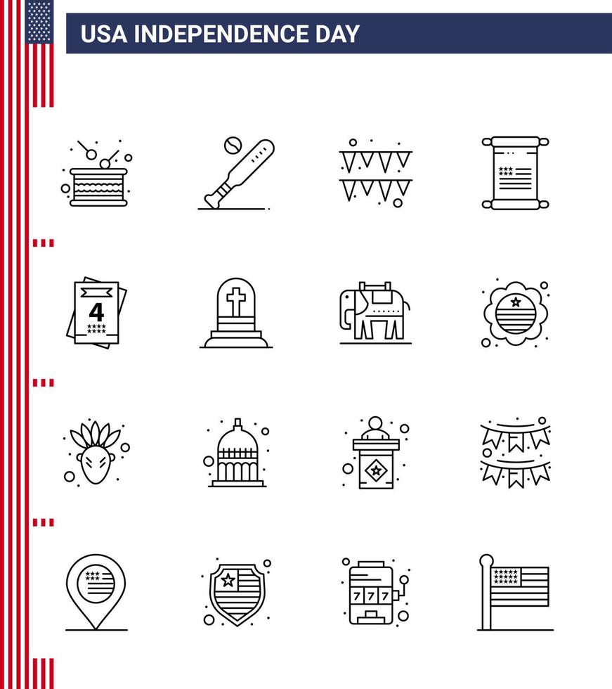 conjunto de 16 iconos del día de los ee.uu. símbolos americanos signos del día de la independencia para la invitación papel de texto de los deportes americanos elementos editables del diseño del vector del día de los ee.uu.