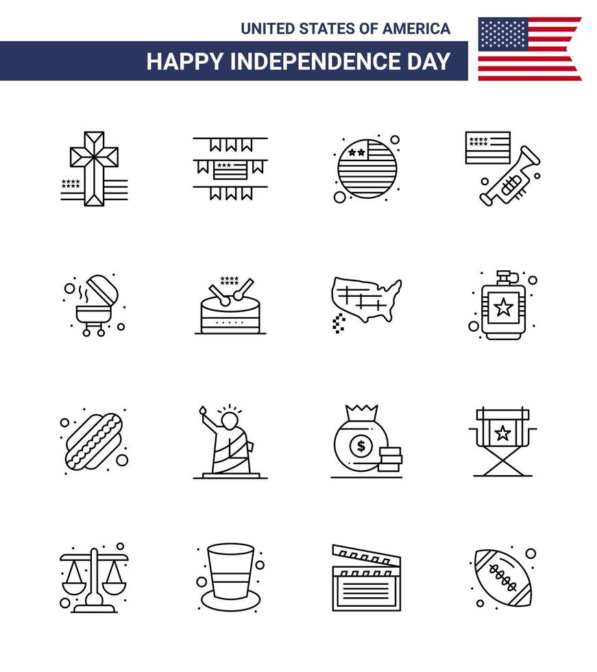 Pack of 16 USA Independence Day Celebration Lines Signs and 4th July Symbols such as instrument grill international flag bbq american Editable USA Day Vector Design Elements