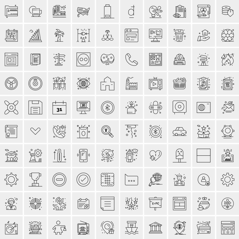 100 Universal Black Line Icons on White Background vector