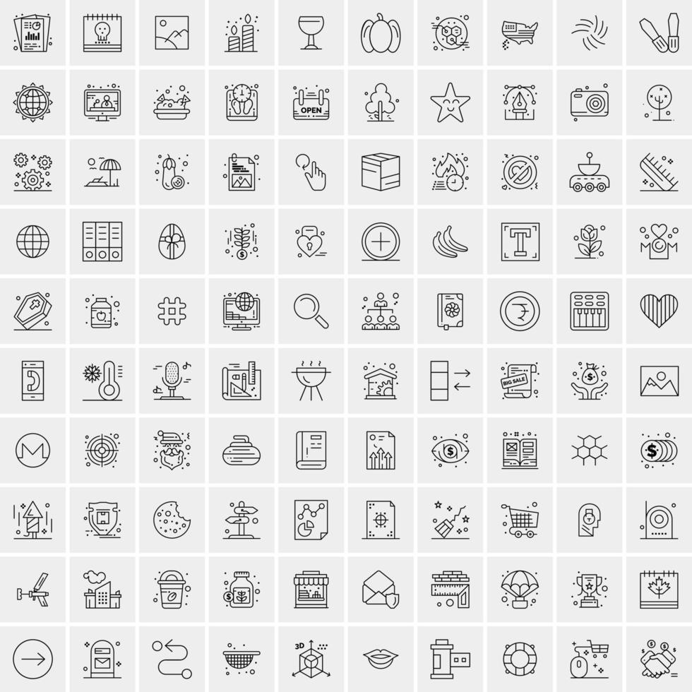 100 Universal Black Line Icons on White Background vector