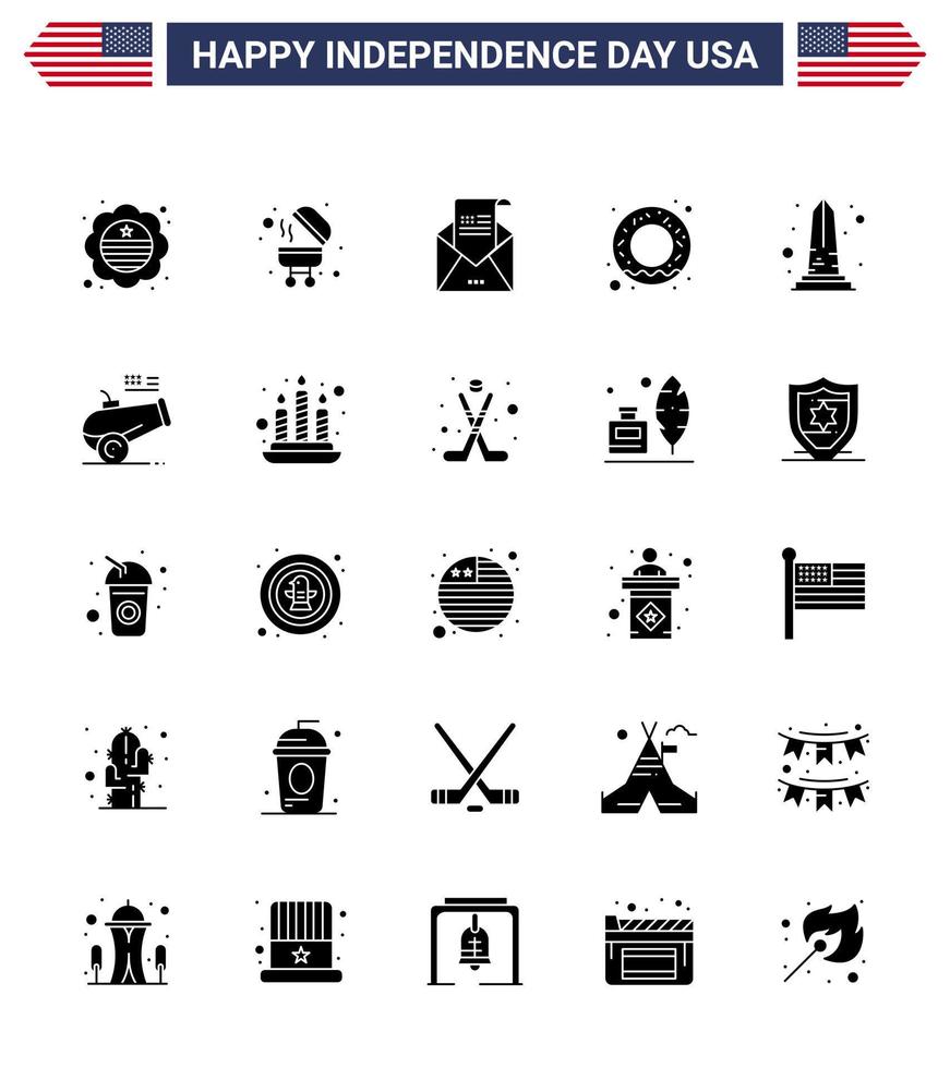 25 USA Solid Glyph Pack of Independence Day Signs and Symbols of sight landmark envelope nutrition donut Editable USA Day Vector Design Elements