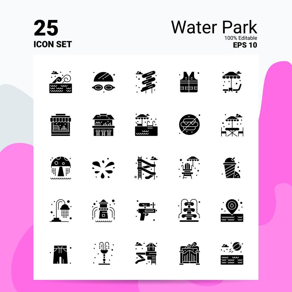 25 Water Park Icon Set 100 Editable EPS 10 Files Business Logo Concept Ideas Solid Glyph icon design vector