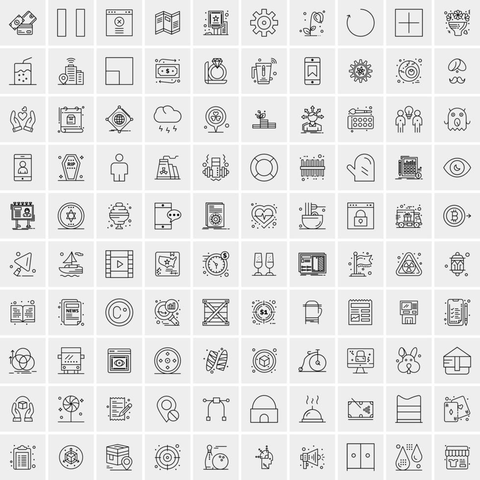 100 Universal Black Line Icons on White Background vector