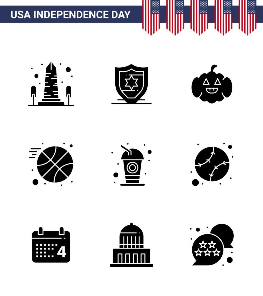 Editable Vector Line Pack of USA Day 9 Simple Solid Glyphs of soda cola pumkin bottle ball Editable USA Day Vector Design Elements