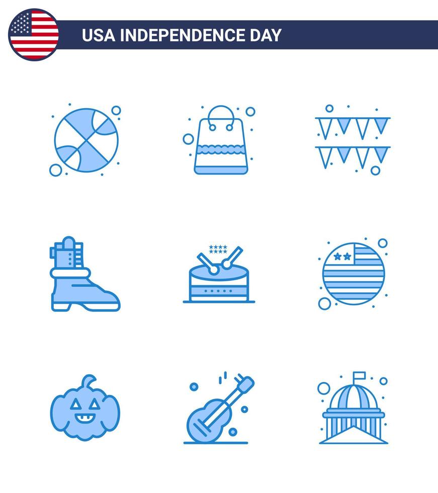 Set of 9 Vector Blues on 4th July USA Independence Day such as parade instrument festival drum boot Editable USA Day Vector Design Elements