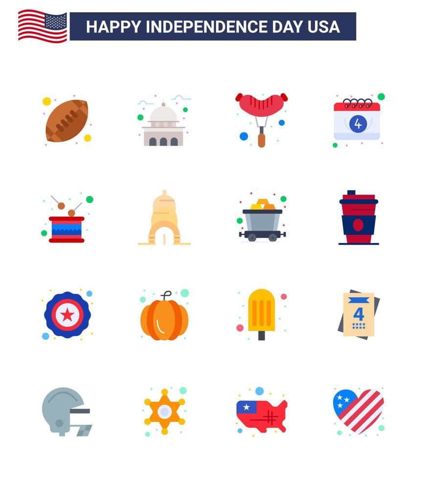 USA Happy Independence DayPictogram Set of 16 Simple Flats of drum day white date american Editable USA Day Vector Design Elements