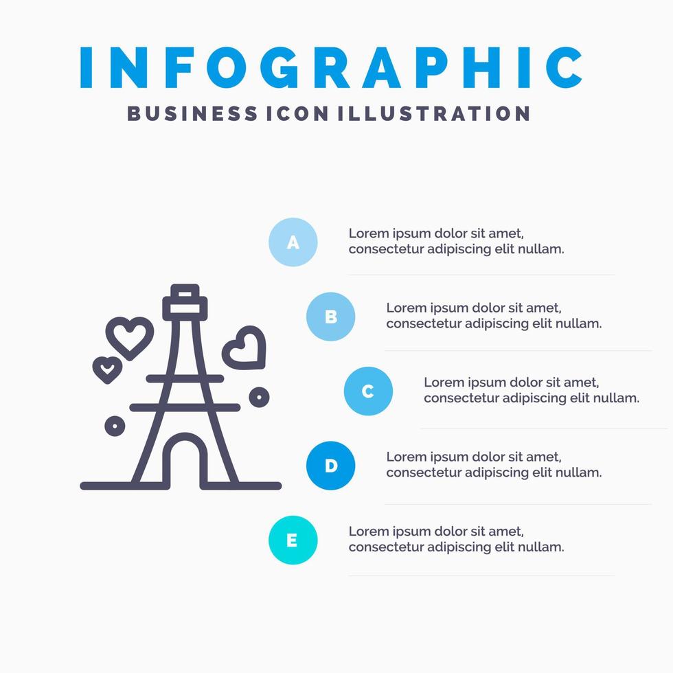 icono de línea de boda de corazón de amor de torre con fondo de infografía de presentación de 5 pasos vector