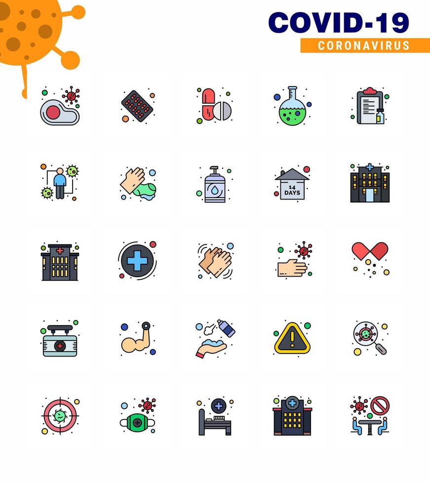 25 Flat Color Filled Line Corona Virus pandemic vector illustrations research flask pills test tablets viral coronavirus 2019nov disease Vector Design Elements