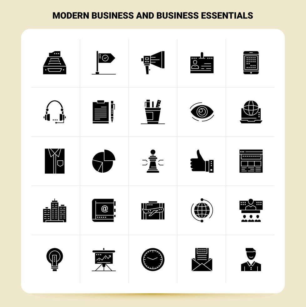 Solid 25 Modern Business and business essentials Icon set Vector Glyph Style Design Black Icons Set Web and Mobile Business ideas design Vector Illustration