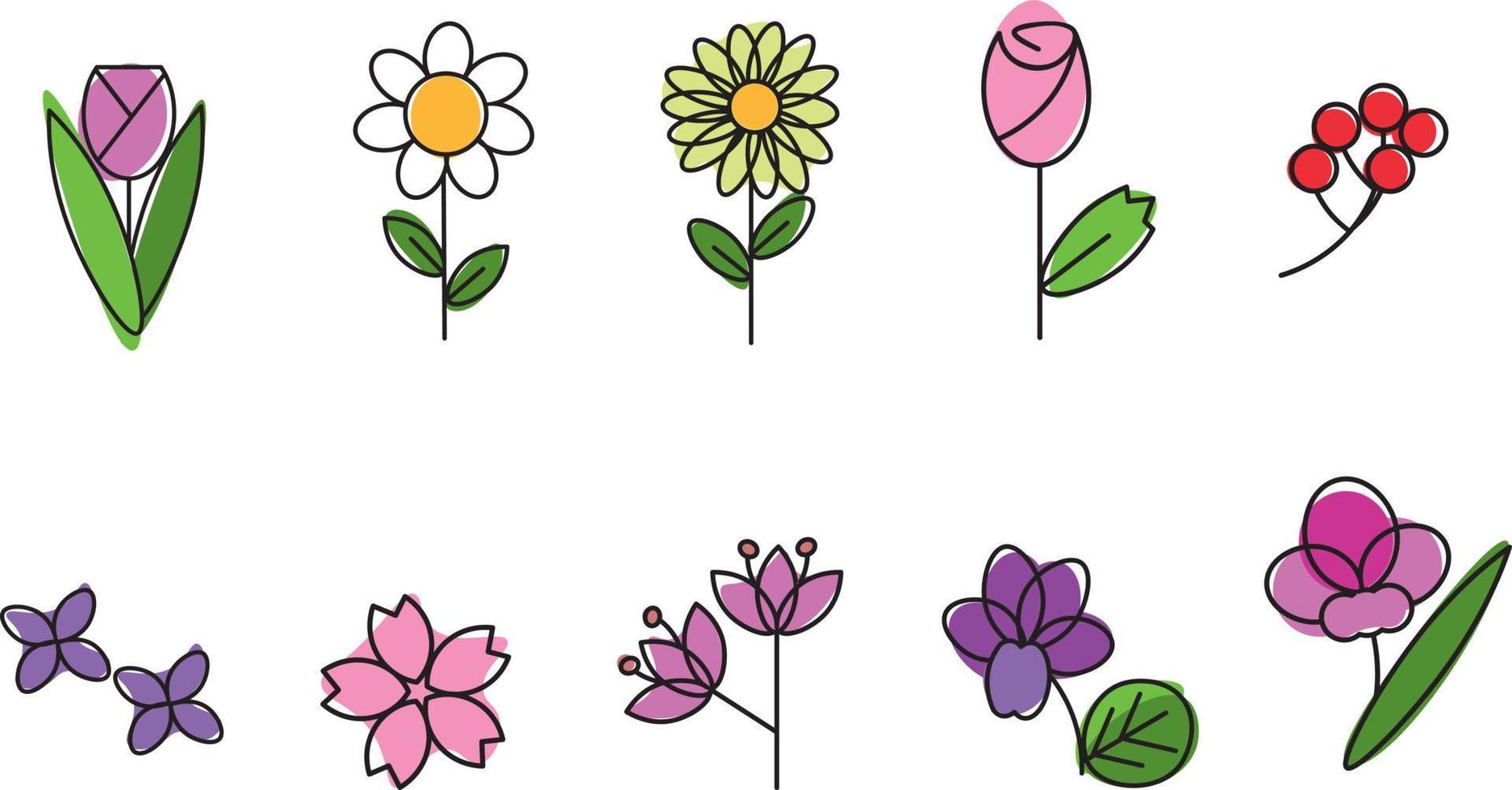 conjunto de iconos de flor con color vector